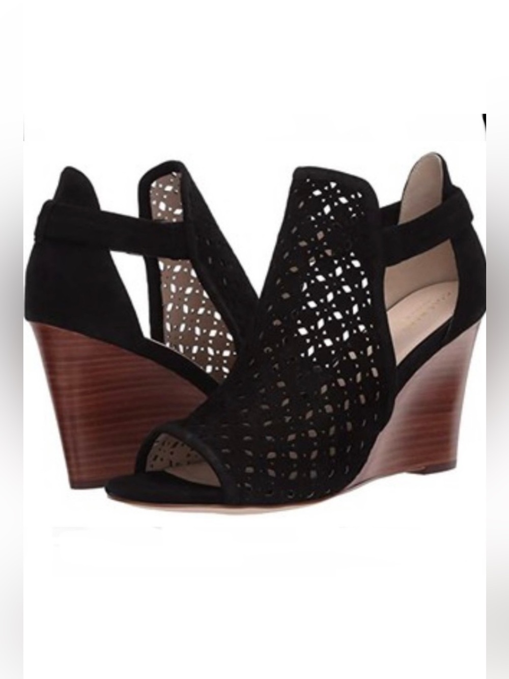 Cole Haan Black Laser-Cut Suede Wedge Sandals size 9